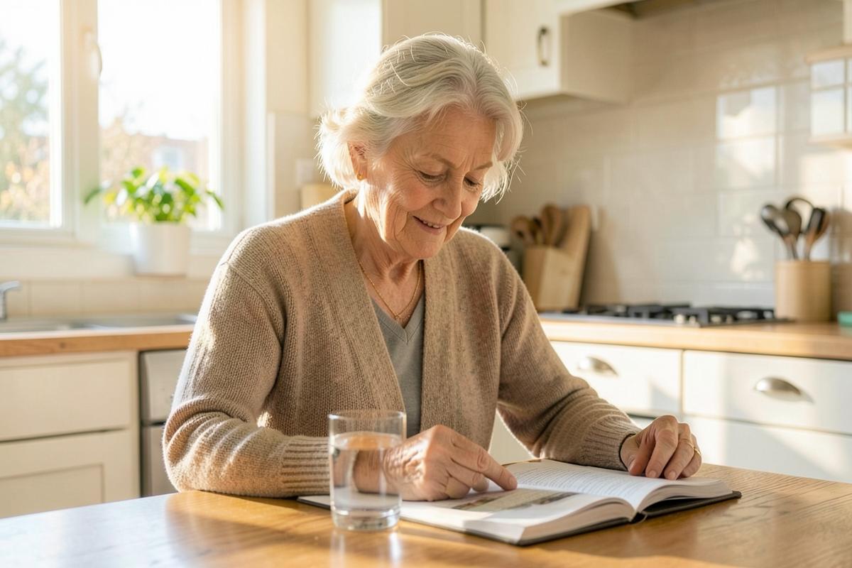 Woman reading at a sunny kitchen table with a glass of water, taking her daily MemoFix capsules